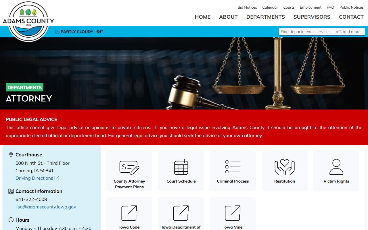 Adams County Attorney page with prosecutor contact information and duties