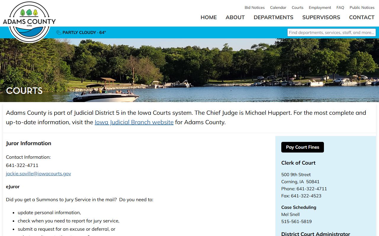 Adams County courts page showing District 5 and clerk contact information